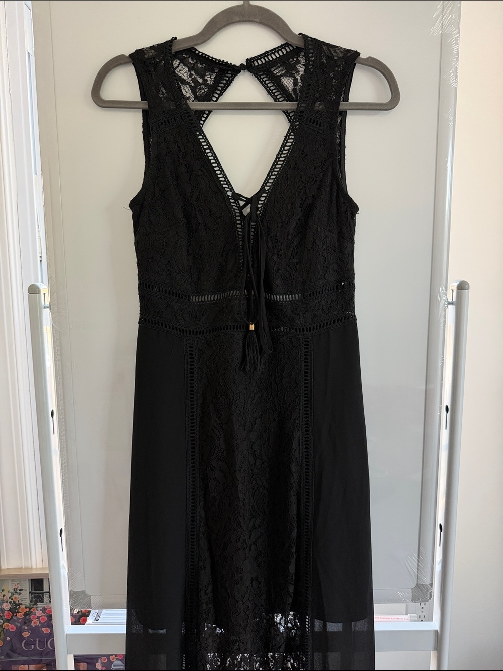 Lulu's Black Lace Midi Dress with Tie Back